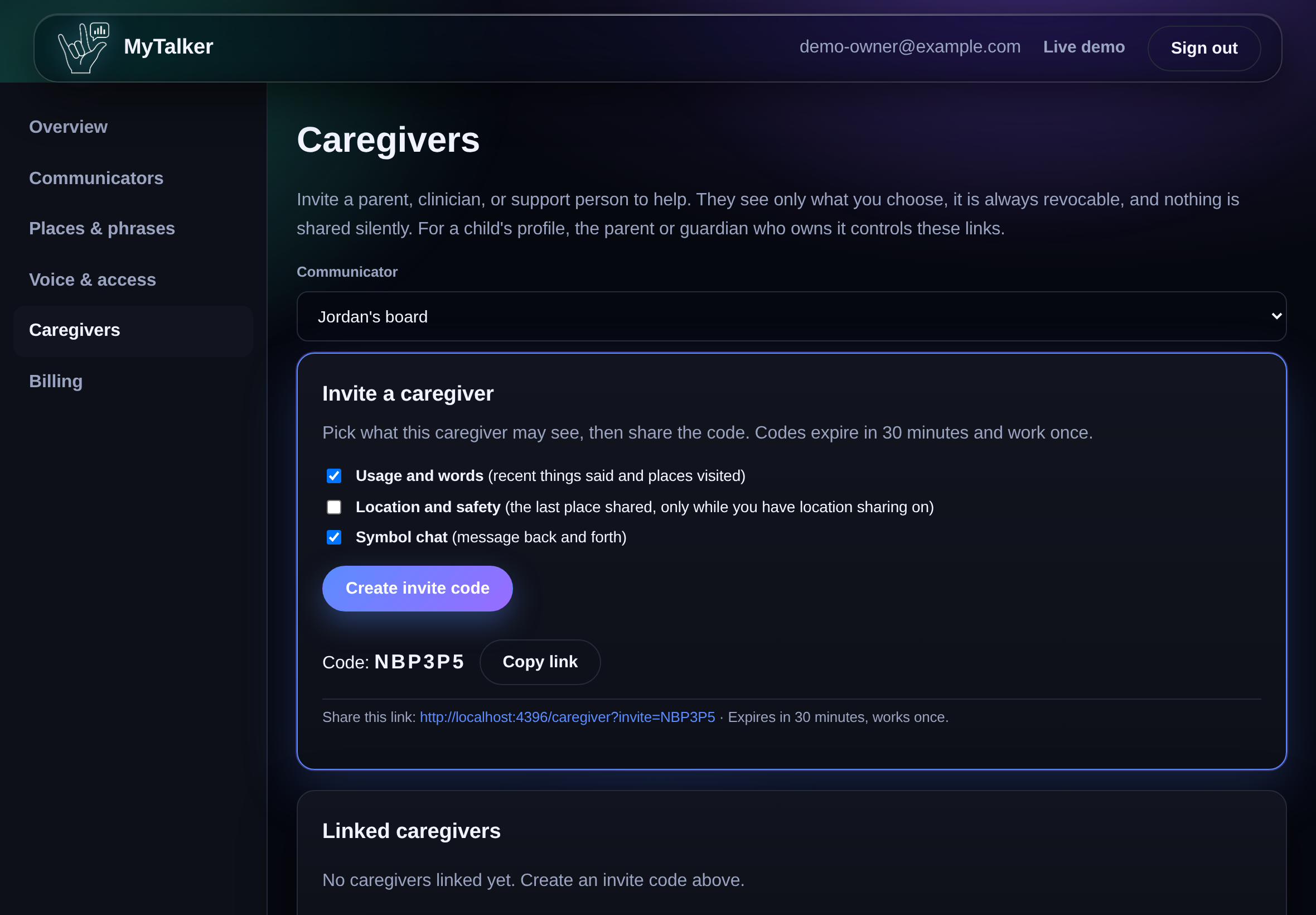 Das MyTalker Betreuer-Dashboard, das einen Einladungs-Builder mit Kontrollkästchen für Nutzung, Standort und Chat zeigt