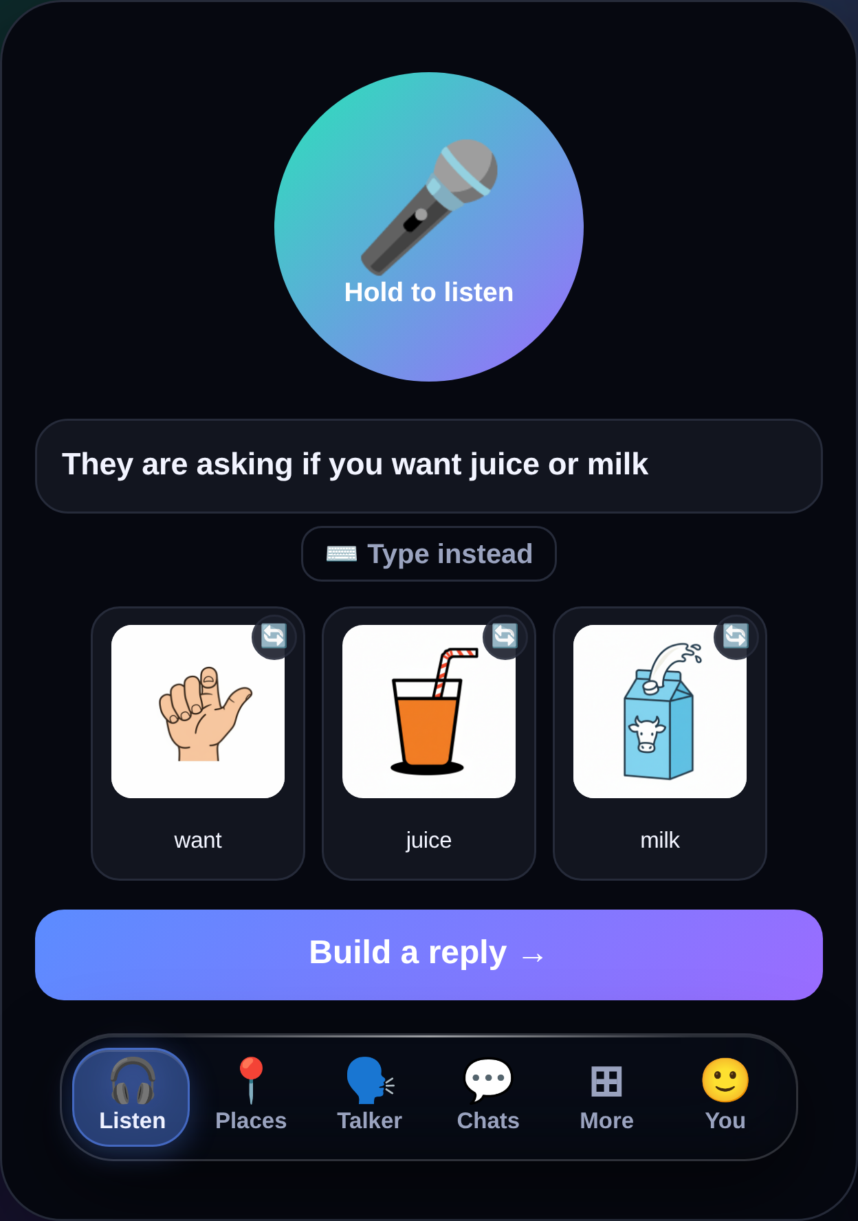 The MyTalker Listen screen: a spoken question shown as words and picture choices, with a Build a reply button