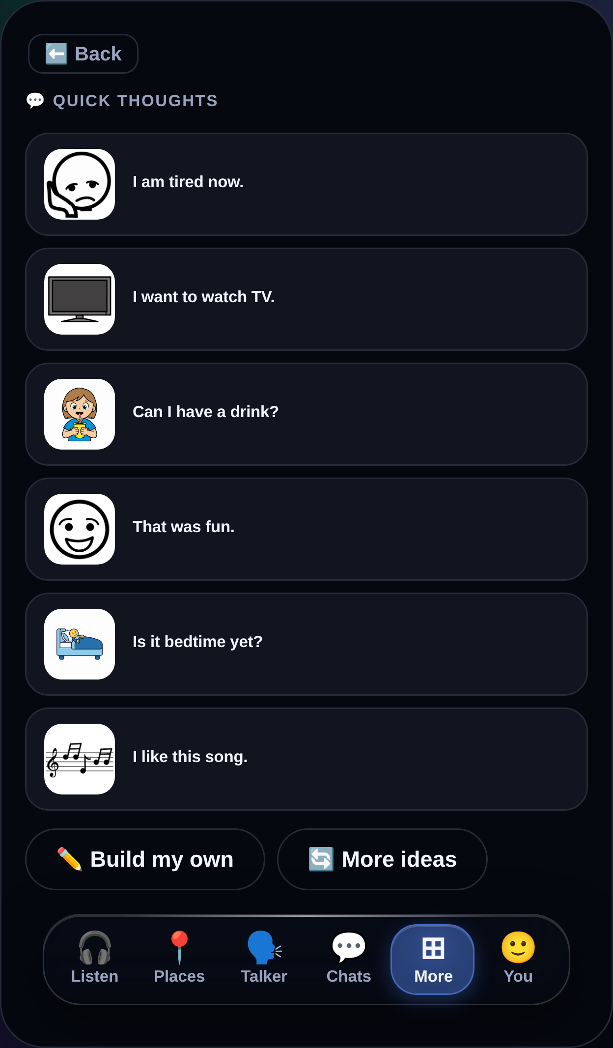 MyTalker showing anticipated full-sentence phrases the communicator is likely to want to say