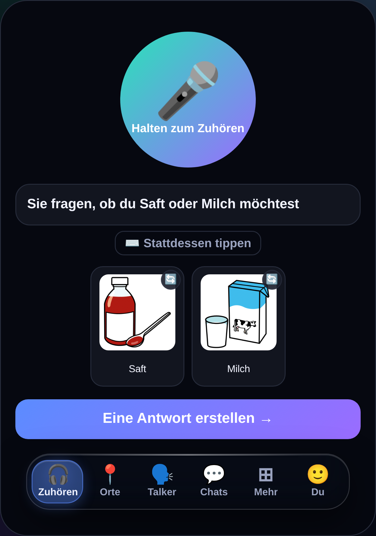 Der MyTalker Listen-Bildschirm: eine gesprochene Frage, dargestellt als einfache Wörter und Bildauswahl, mit einer Schaltfläche „Antwort erstellen“