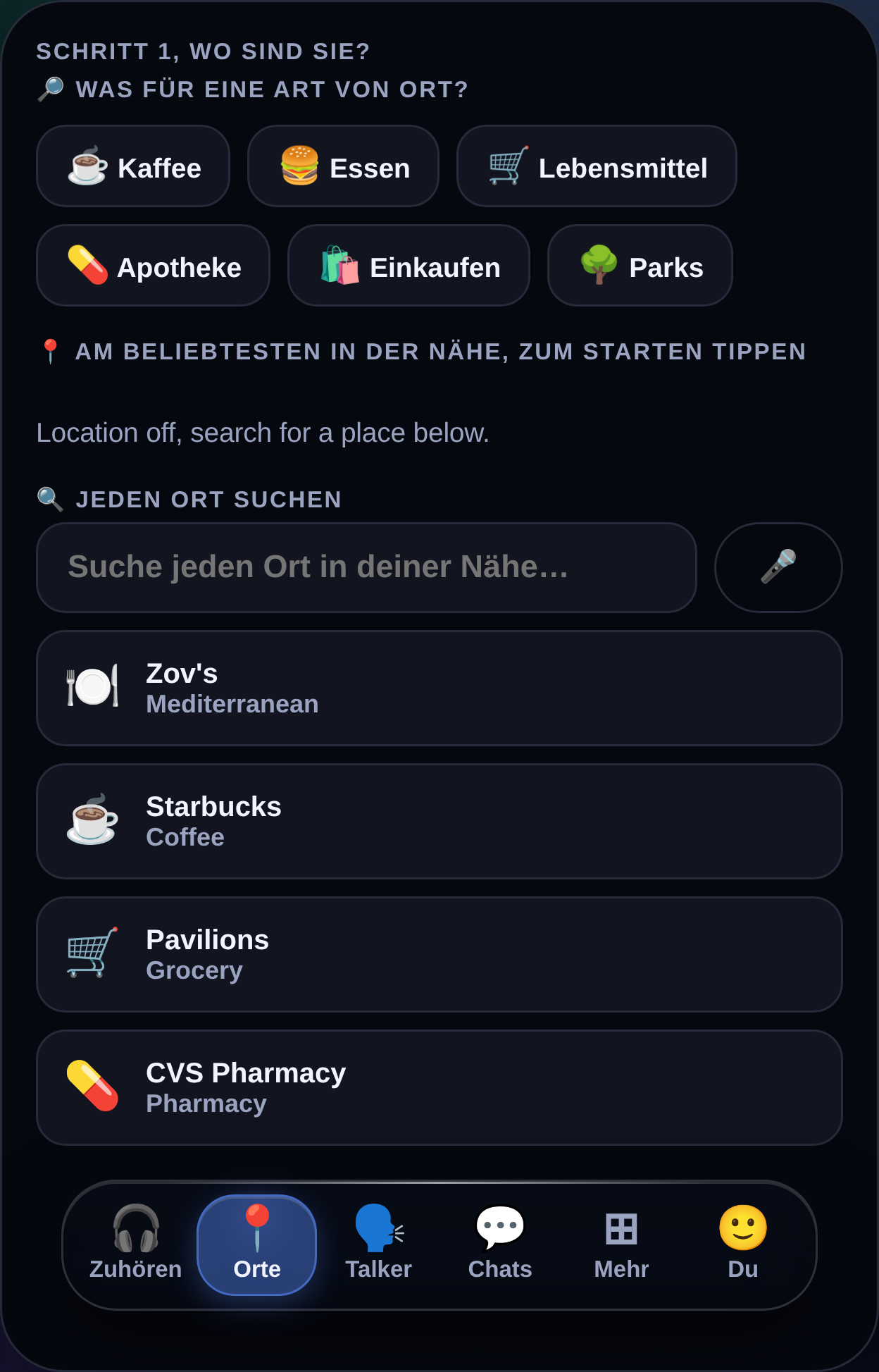 MyTalker Orte-Tab zeigt nahegelegene Ortstypen und die gespeicherten Orte des Kommunikators als Ausgangspunkt