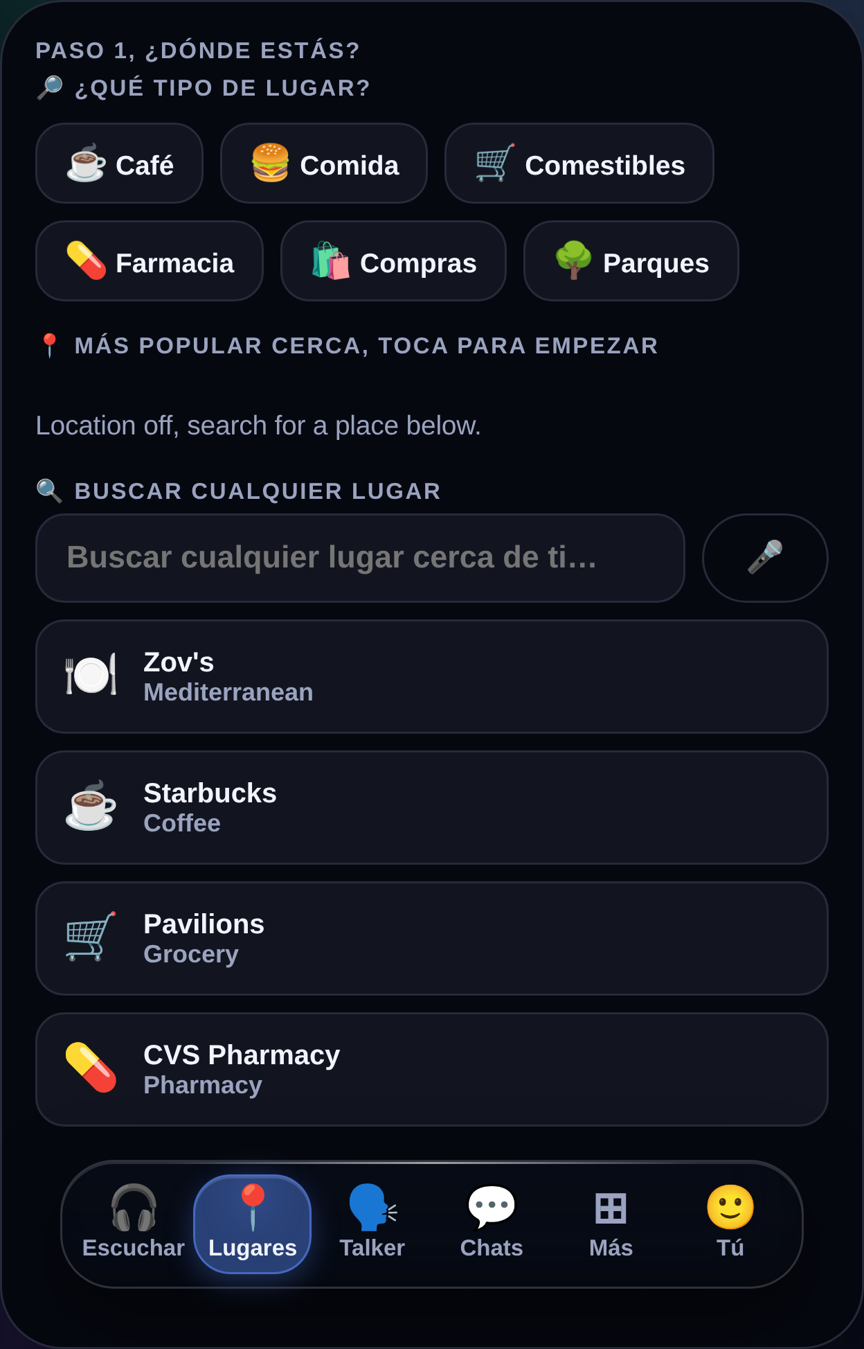 Pestaña de Lugares de MyTalker mostrando tipos de lugares cercanos y los lugares guardados del comunicador para empezar