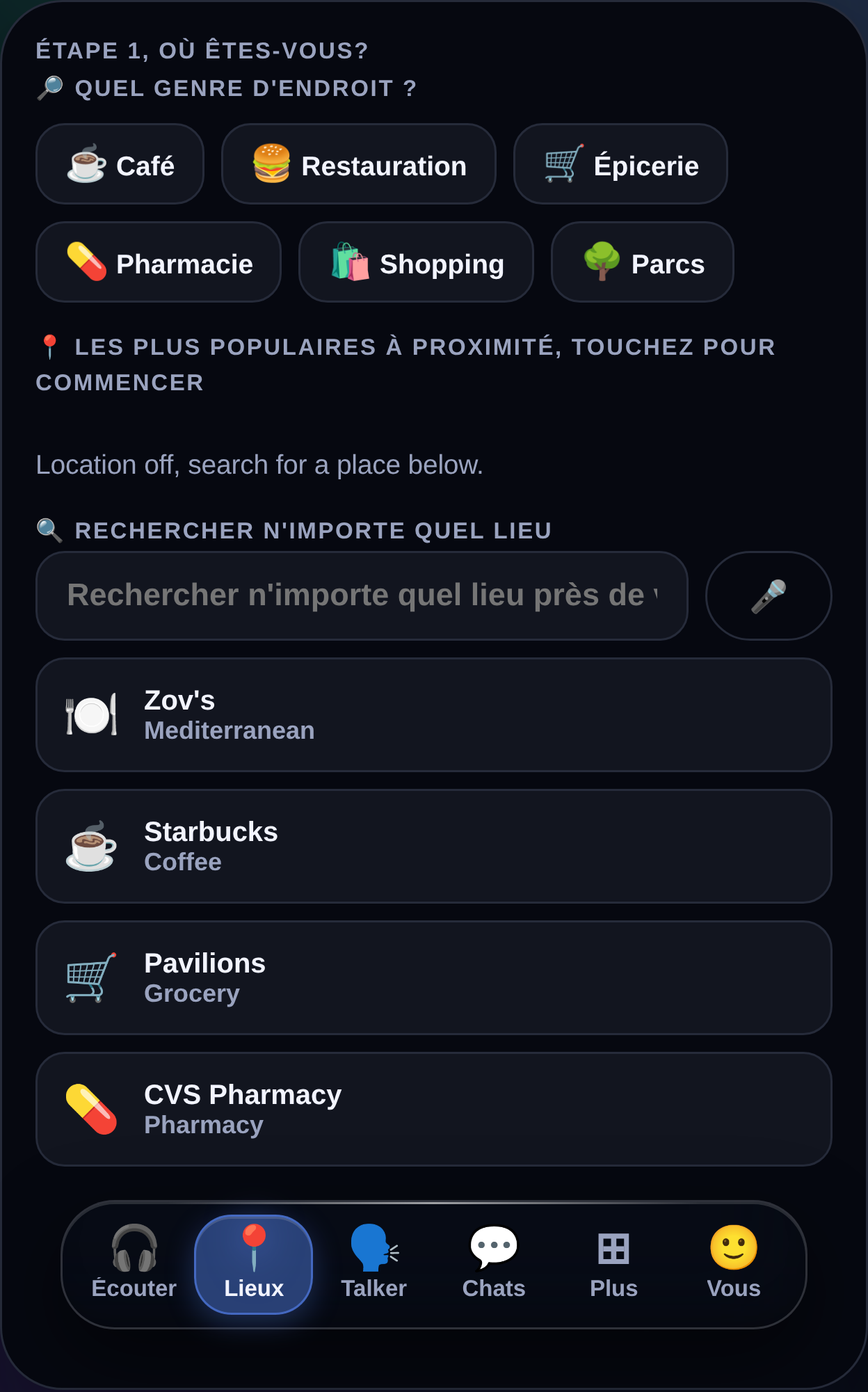 Onglet Lieux de MyTalker affichant les types de lieux à proximité et les lieux enregistrés du communicateur pour commencer