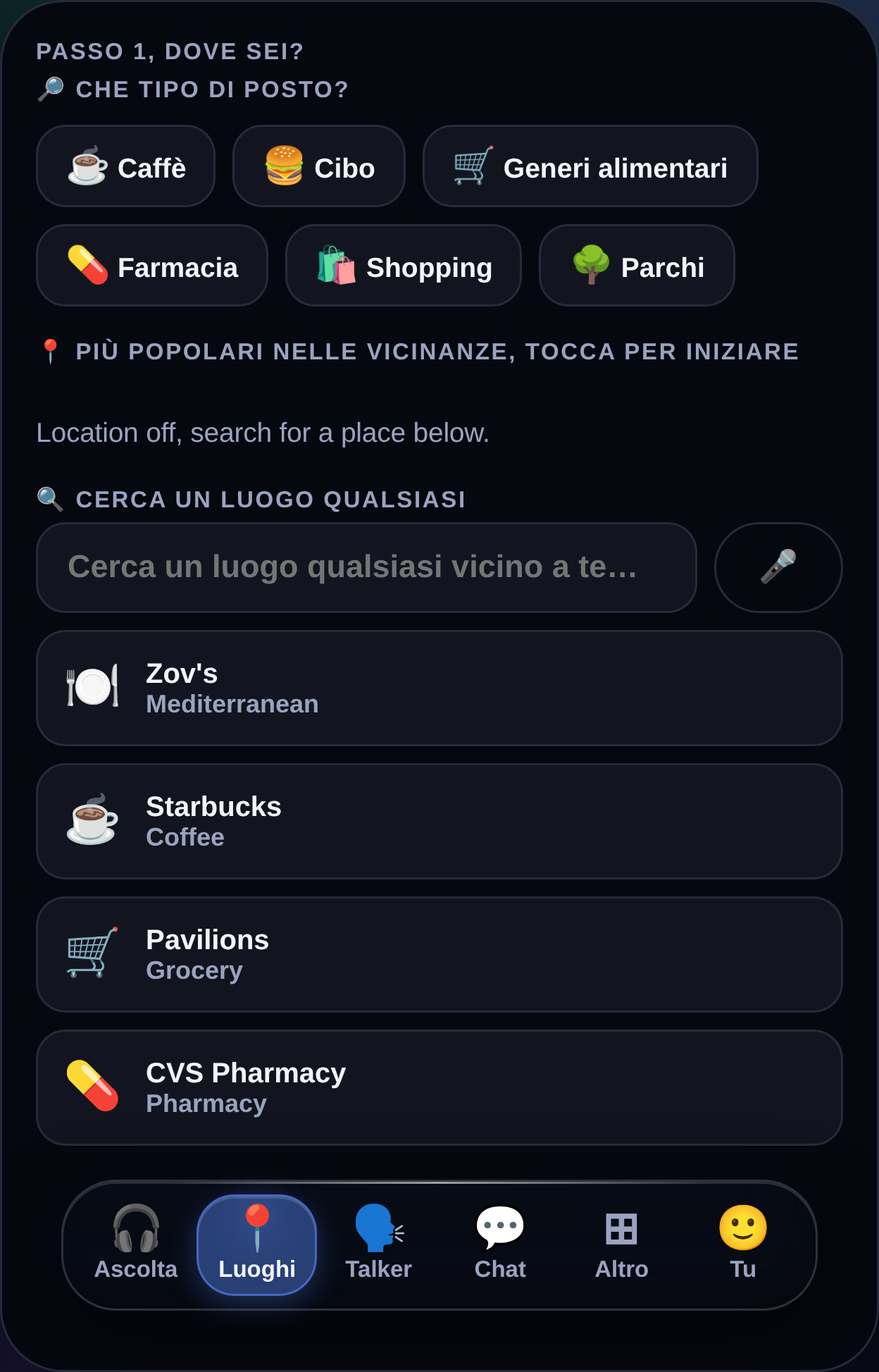 La scheda Luoghi di MyTalker che mostra i tipi di luoghi vicini e i luoghi salvati dal comunicatore da cui iniziare