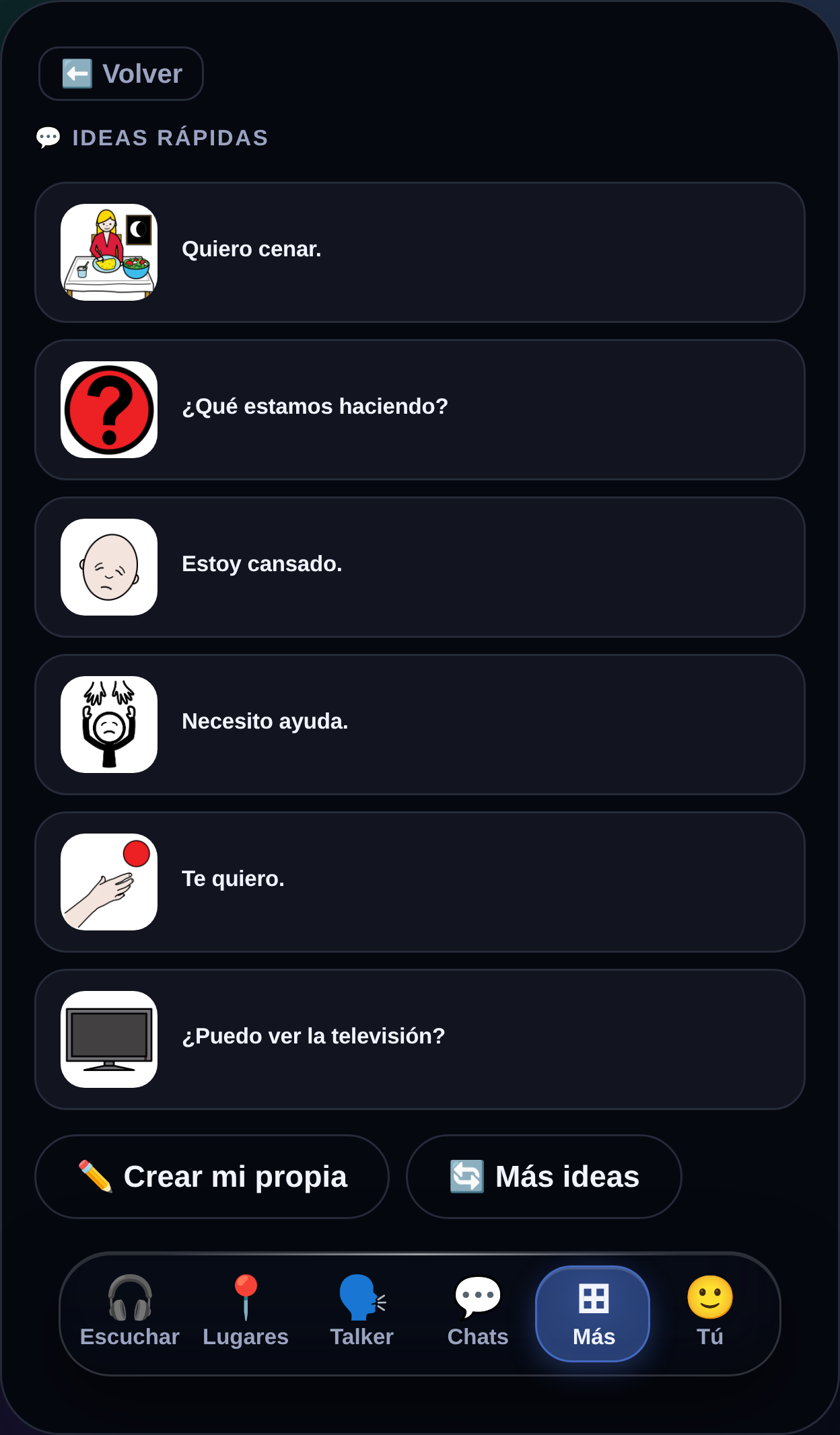 MyTalker mostrando frases completas anticipadas que el comunicador probablemente querrá decir ahora mismo