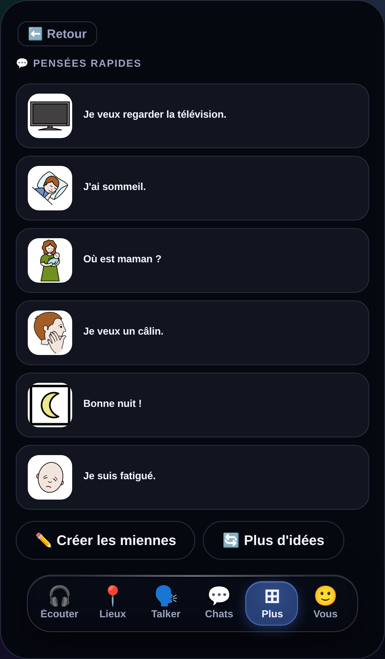 MyTalker affichant des phrases complètes anticipées que le communicateur est susceptible de vouloir dire à l'instant