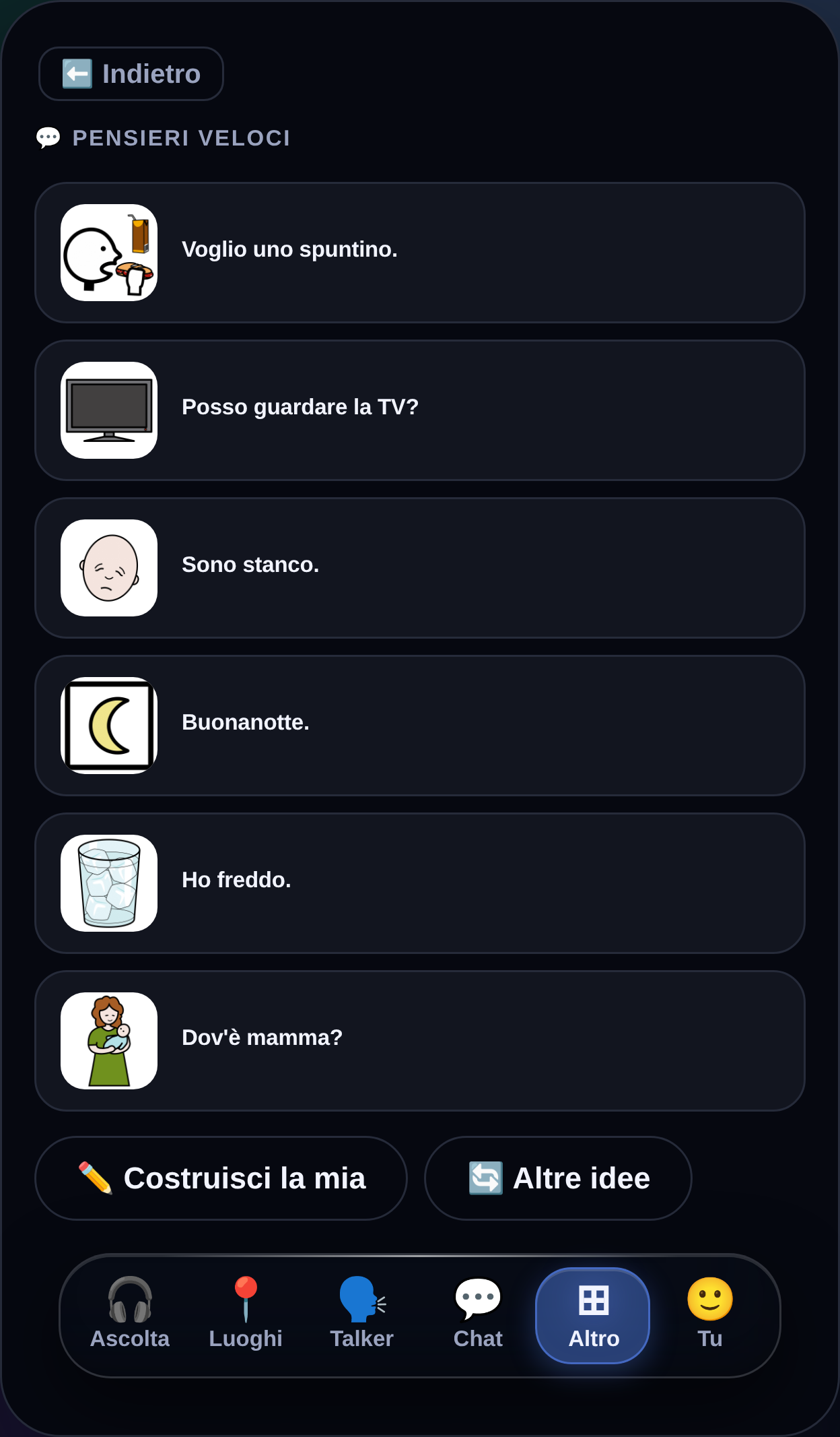 MyTalker che mostra frasi complete anticipate che il comunicatore è probabile che voglia dire in questo momento